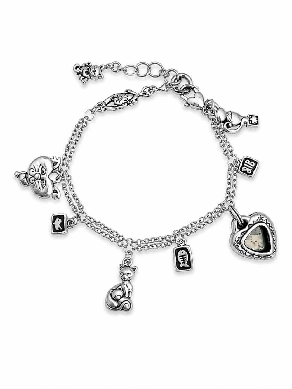 Vtg BRIGHTON I Love My Cat Charm Double Chain Bracelet